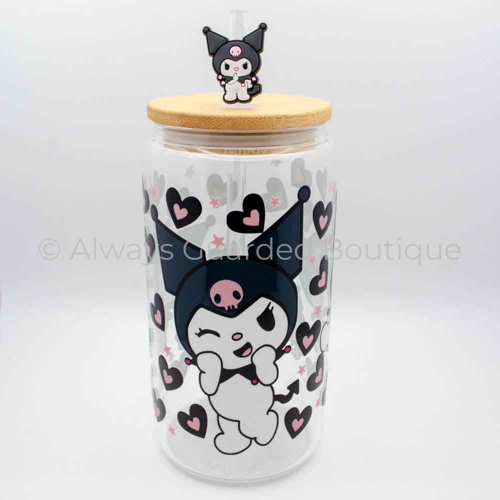 Kuromi's Allure Elegance 16oz Glass Tumbler Bamboo Lid Reusable Straw Topper