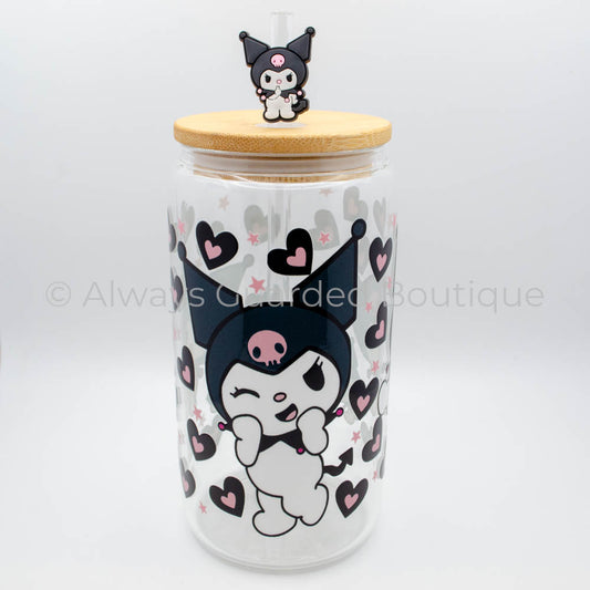 Kuromi's Allure Elegance 16oz Glass Tumbler Bamboo Lid Reusable Straw Topper