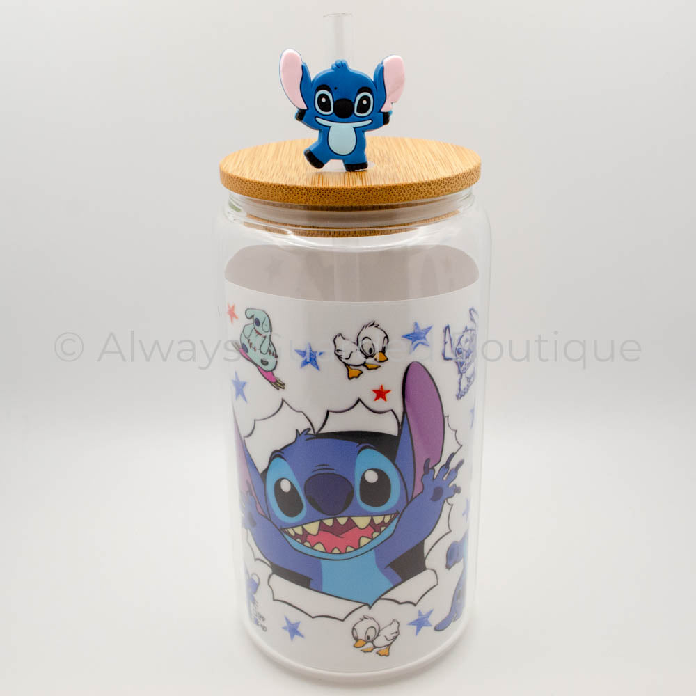 Blue Aliens Adventure 16oz Glass Tumbler Bamboo Lid Reusable Straw Topper
