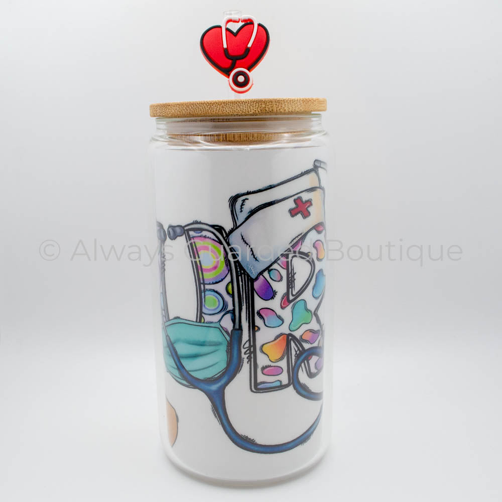 Nurses Delight 16oz Glass Tumbler Bamboo Lid Straw Topper