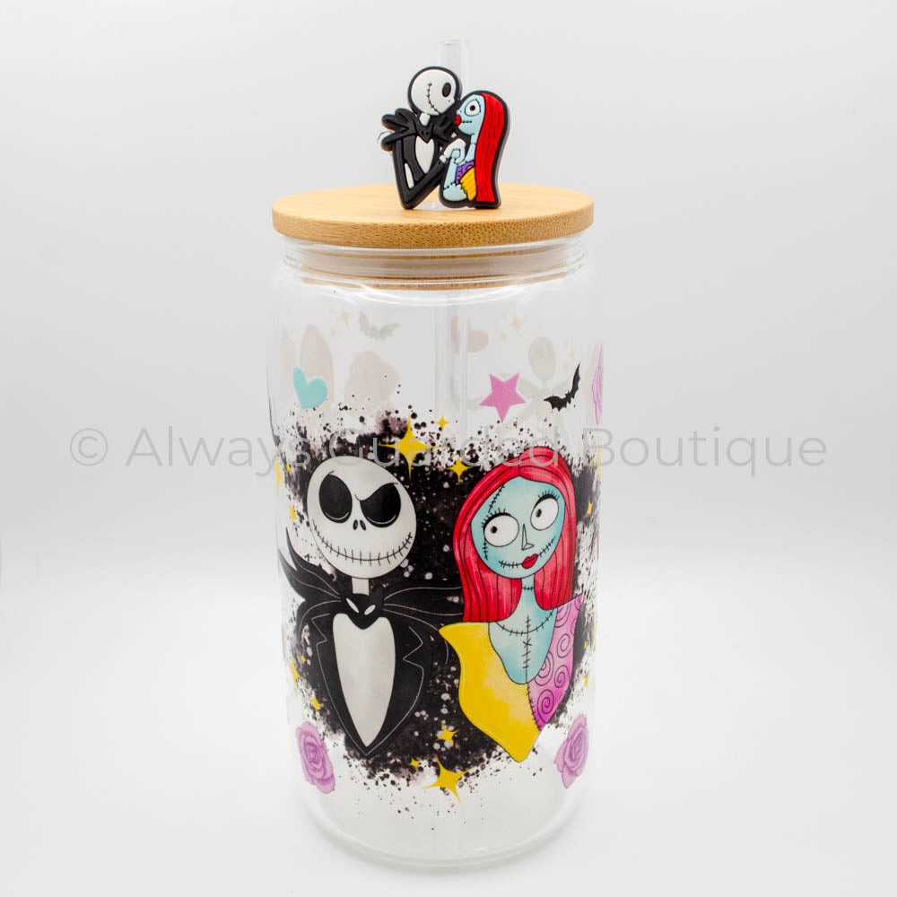 Whimsical Harmony 16oz Glass Tumbler - Skeleton & Doll Face Design