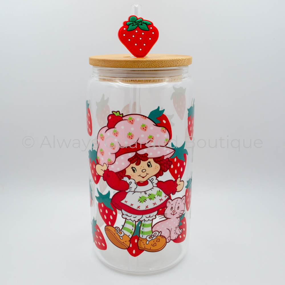 Sweet Delight 16oz Glass Tumbler Bamboo Lid Reusable Straw Topper Strawberry Shortcake