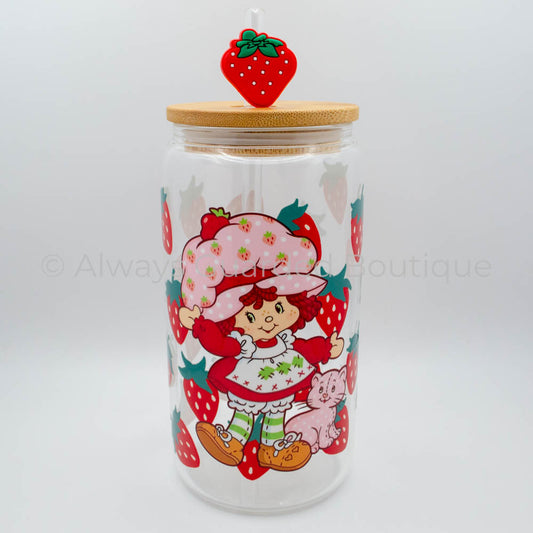 Sweet Delight 16oz Glass Tumbler Bamboo Lid Reusable Straw Topper Strawberry Shortcake