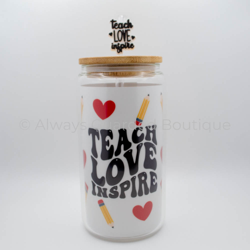 Inspirational Elegance 16oz Glass Tumbler Bamboo Lid Reusable Straw Topper Teach Love Inspire