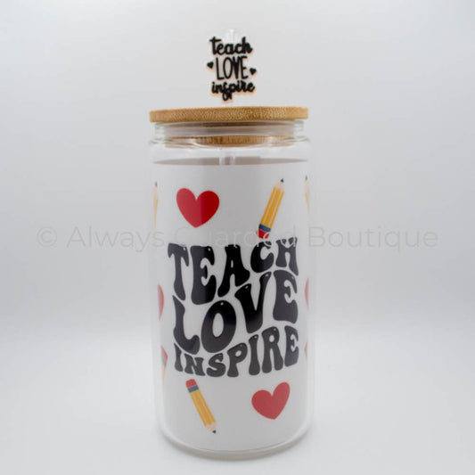 Inspirational Elegance 16oz Glass Tumbler Bamboo Lid Reusable Straw Topper Teach Love Inspire