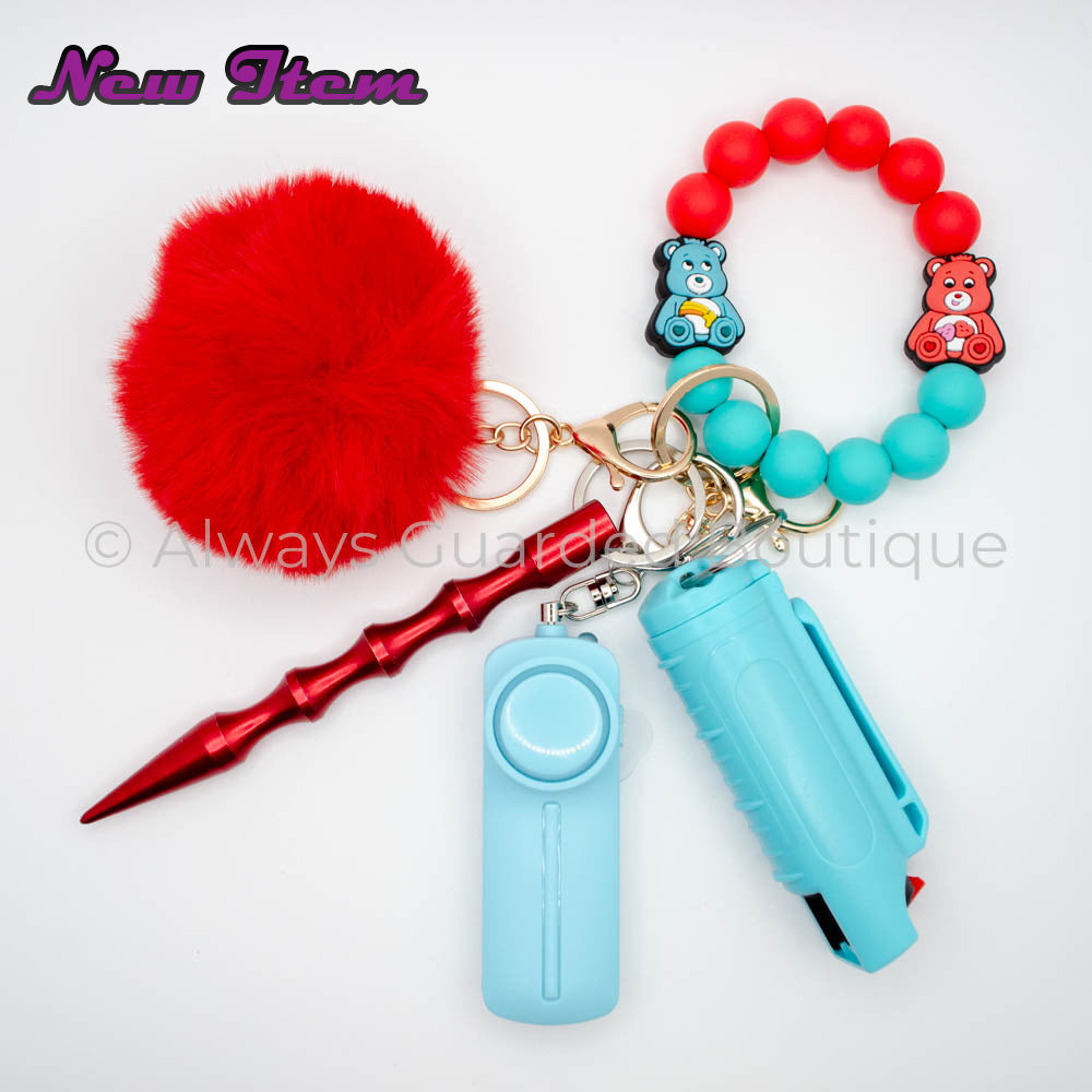 Turquoise & Red Care Bears Safety Keychain with Optional Pepper Spray