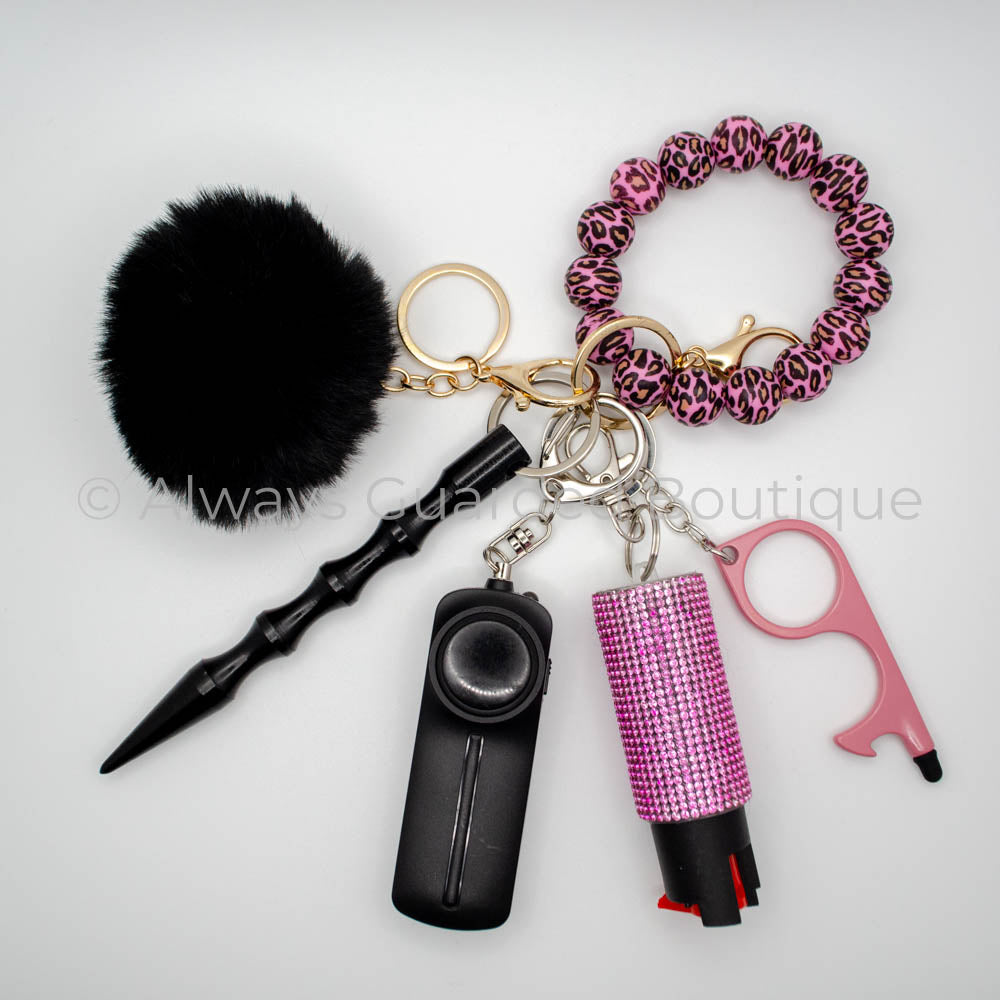 Aria Safety Keychain with Dark Pink Leopard Print Wristlet and Black Faux Fur Pom Pomwith Optional Rhinestone Pepper Spray