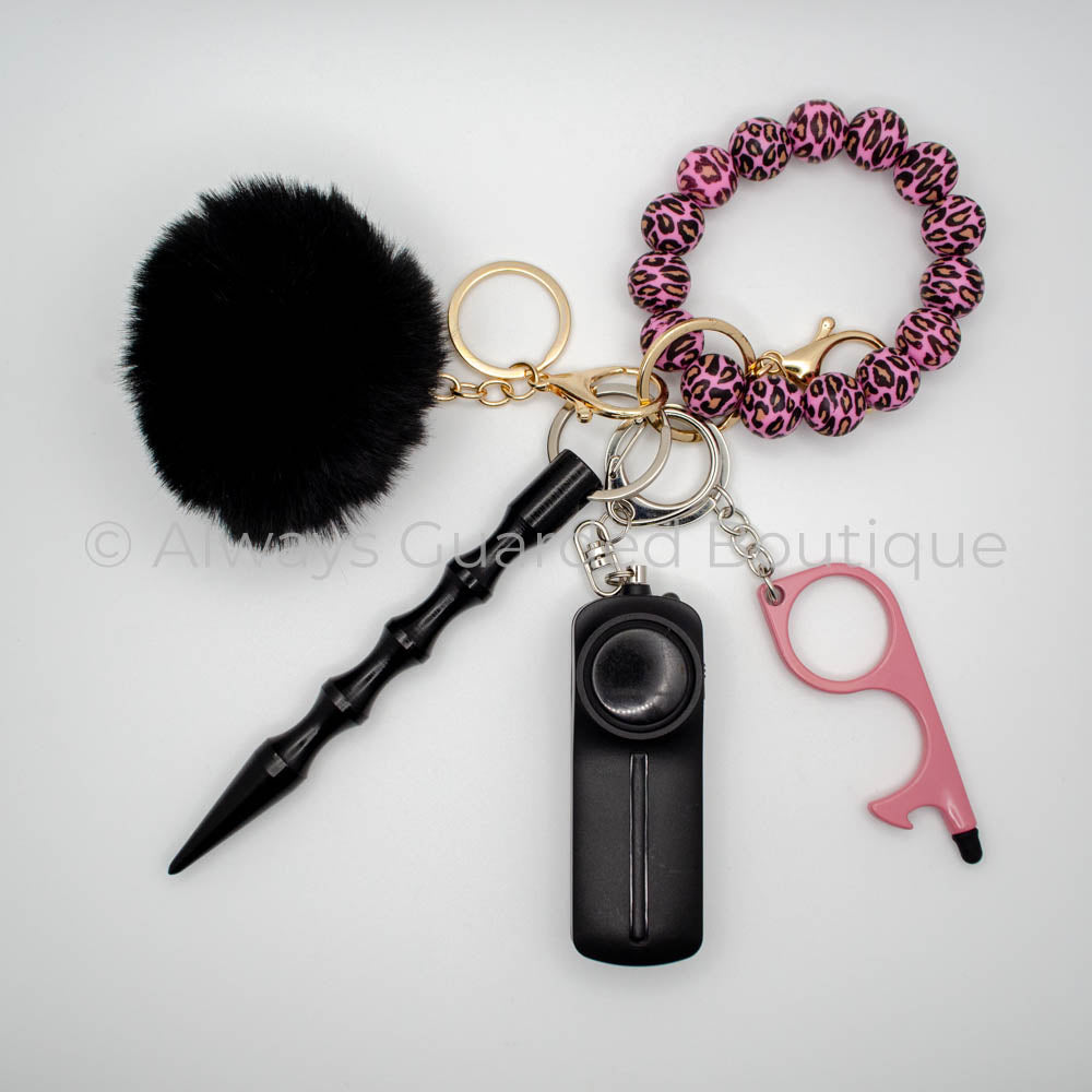 Aria Safety Keychain with Dark Pink Leopard Print Wristlet and Black Faux Fur Pom Pom