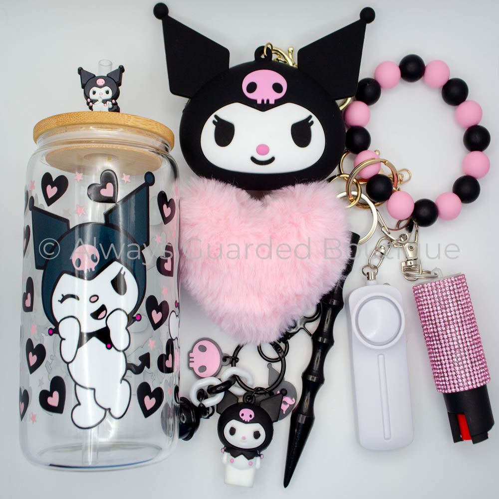 Nocturnal Elegance Bundle - Black Kuromi Safety Keychain + 16 oz Glass Tumbler with optional pepper spray. A stylish and secure duo for your nighttime needs.