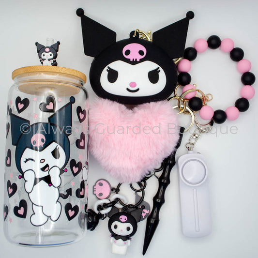 Nocturnal Elegance Bundle - Black Kuromi Safety Keychain + 16 oz Glass Tumbler. Elevate your nighttime style with this captivating ensemble for daily adventures