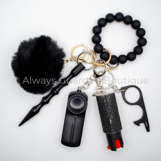 Black Widow Defender Safety Keychain with Black Wristlet and Faux Fur Pom Pom and Optional Pepper Spray
