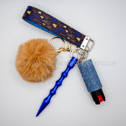  Blue Winter Christmas Guardian Safety Keychain with Festive Wristlet and Rhinestone Pepper Spray