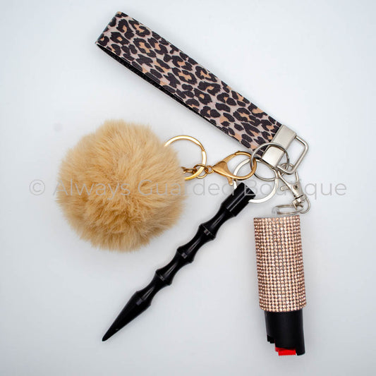 Wild and Safe Brown Leopard Print Safety Keychain with Tan Faux Fur Pom Pom and Pepper Spray