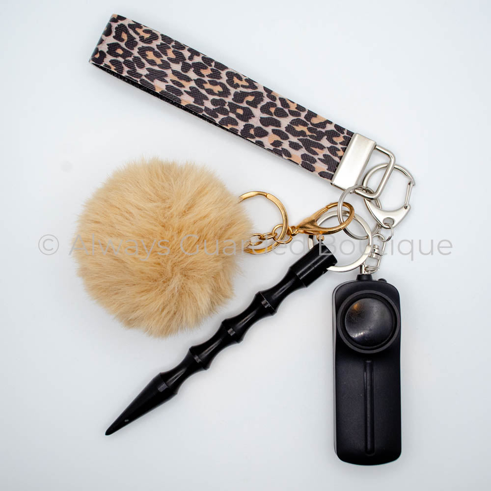 Wild and Safe Brown Leopard Print Keychain with Black Kubaton and Premium Alarm