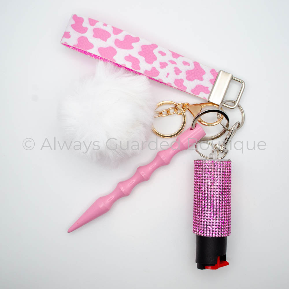 Chic Cow Print Safety Keychain with Faux Fur Pom Pom and Pepper Spray
