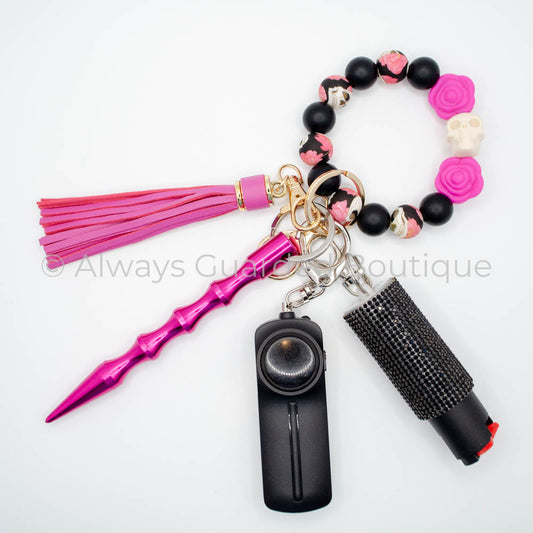 Day of the Dead Halloween Safety Keychain Hot Pink with Optional Pepper Spray