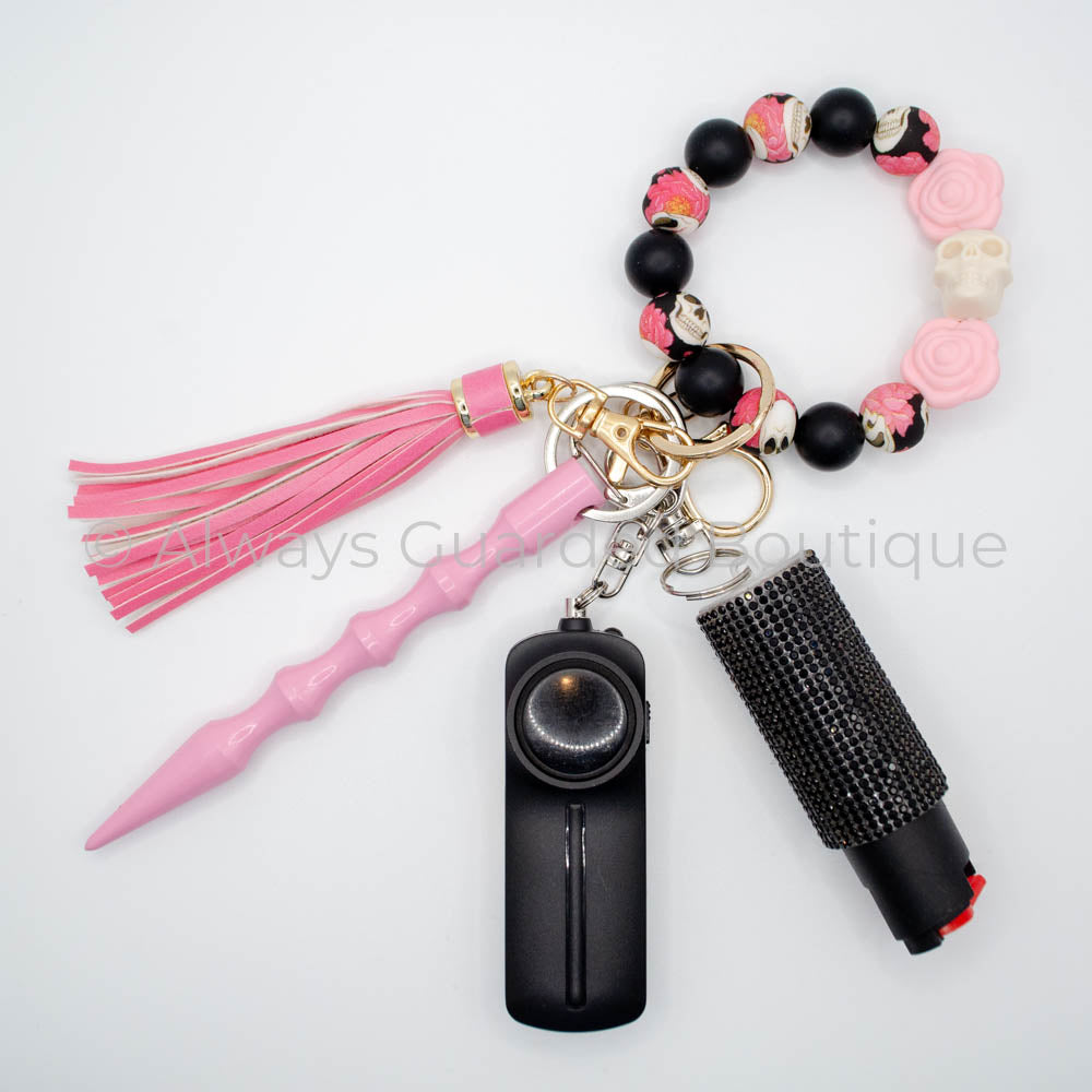 Day of the Dead Halloween Safety Keychain Lt Pink with Optional Pepper Spray