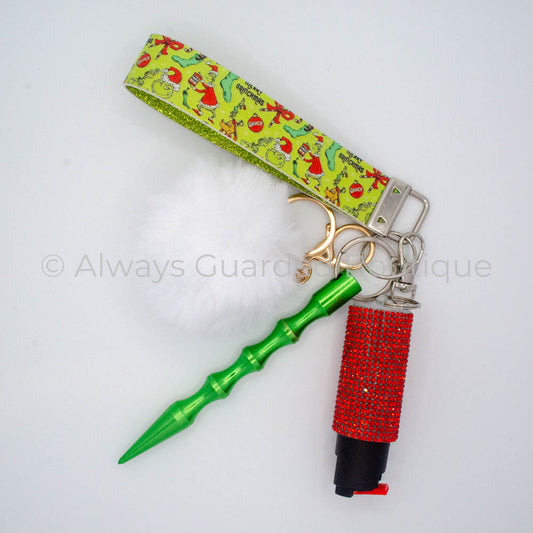 Festive Grinchmas Guardian Safety Keychain with Rhinestone Pepper Spray Attachment