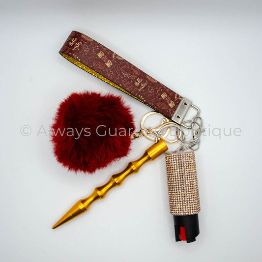 Hello Winter Christmas Guardian Safety Keychain - Festive Wristlet, Faux Fur Pom Pom, Kubaton, and Rhinestone Pepper Spray