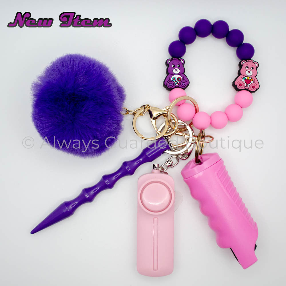 Purple & Pink Care Bears Safety Keychain With Optional Pepper Spray