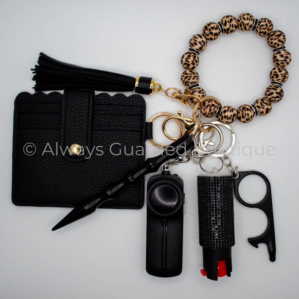 Leopard Luxe Safety Keychain with Black Rhinestone Spacers With Wallet and Pepper Spray