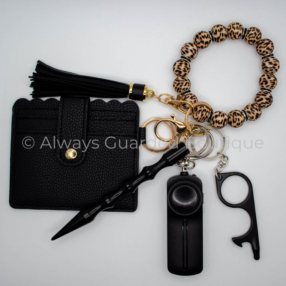 Leopard Luxe Safety Keychain with Black Rhinestone Spacers With Wallet