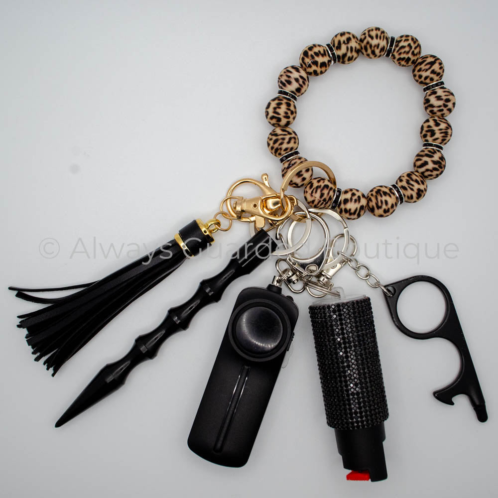 Leopard Luxe Safety Keychain with Black Rhinestone Spacers With Pepper Spray