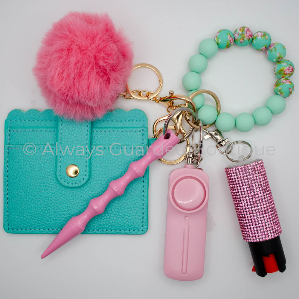 Minty Roses Safety Keychain with Wallet and Pepper Spray for Stylish and Secure Adventures