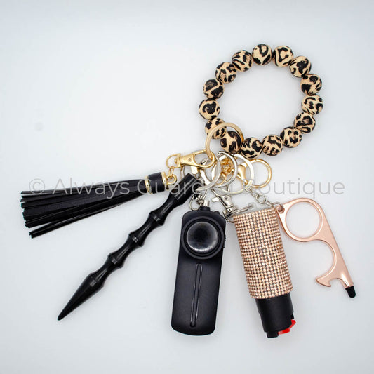 New Year's Guardian Safety Keychain with Leopard Print Wristlet, Stylish Black Tassel and Optional Pepper Spray