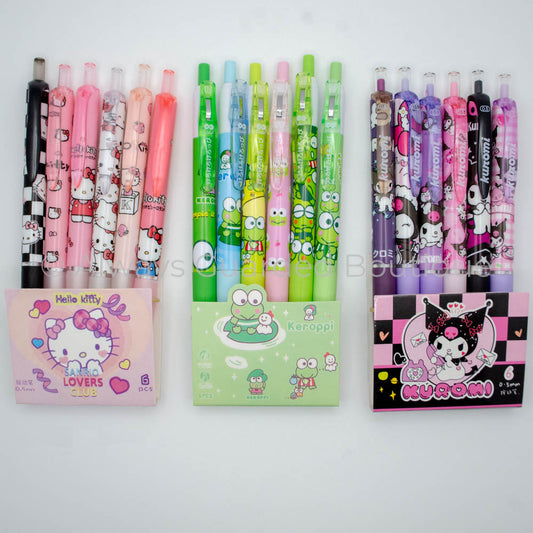 Hello Kitty Kuromi Keroppi Pen Set with 6 Designs and 0.5mm Point