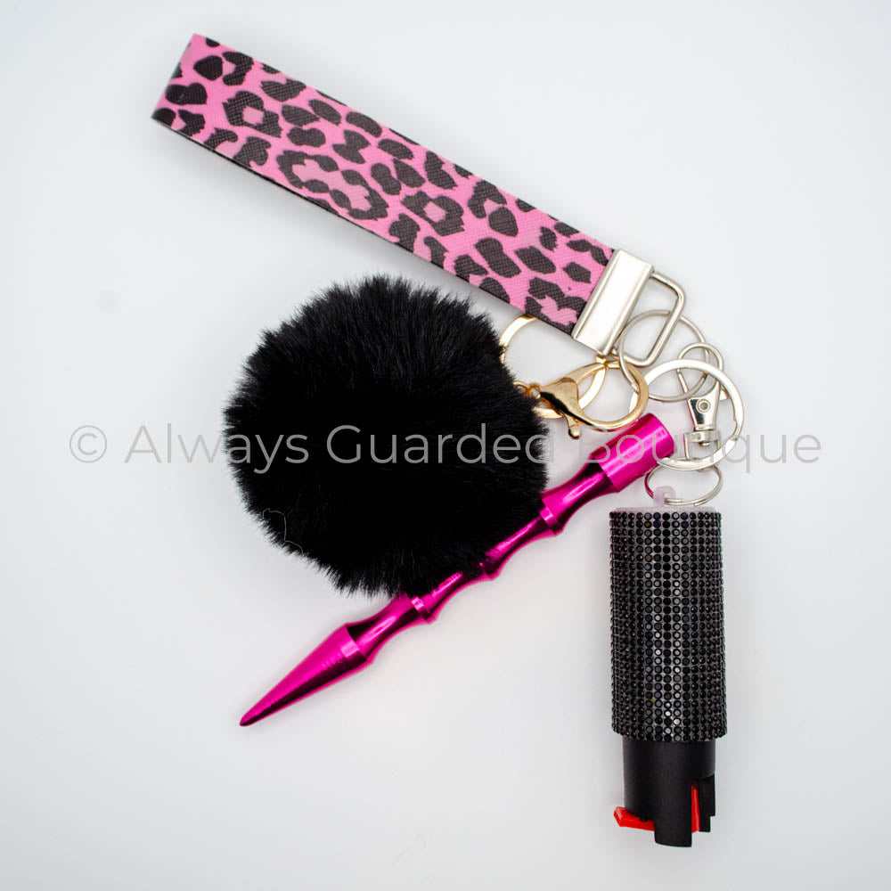 Purrfectly Pink Panther Safety Keychain with Black Leopard Print Wristlet and Pepper Spray