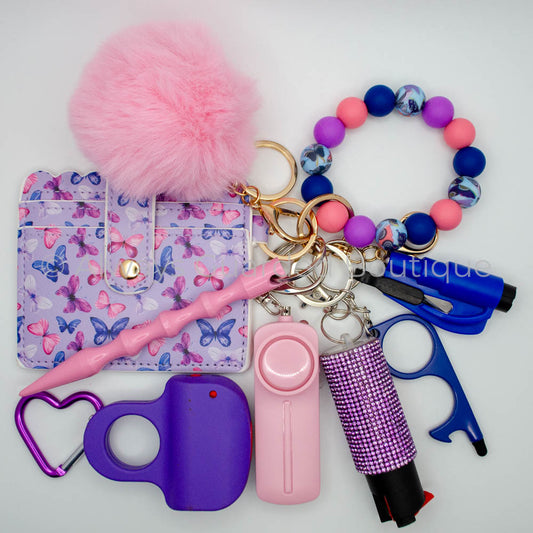 Purple Butterflies Full Guarded Safety Keychain with Optional Pepper Spray