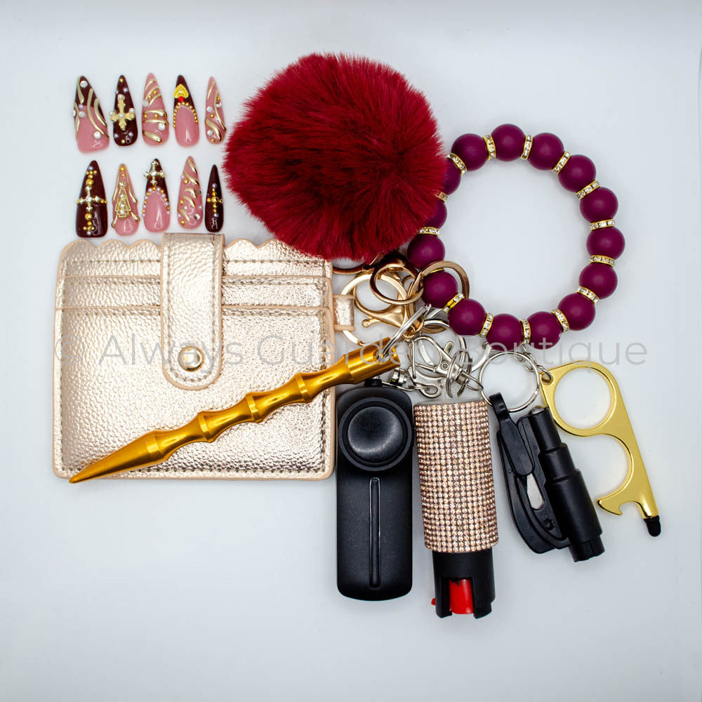 Rosy Sugarplum Safety Keychain with Luxury Handmade Nails and Optional Pepper Spray