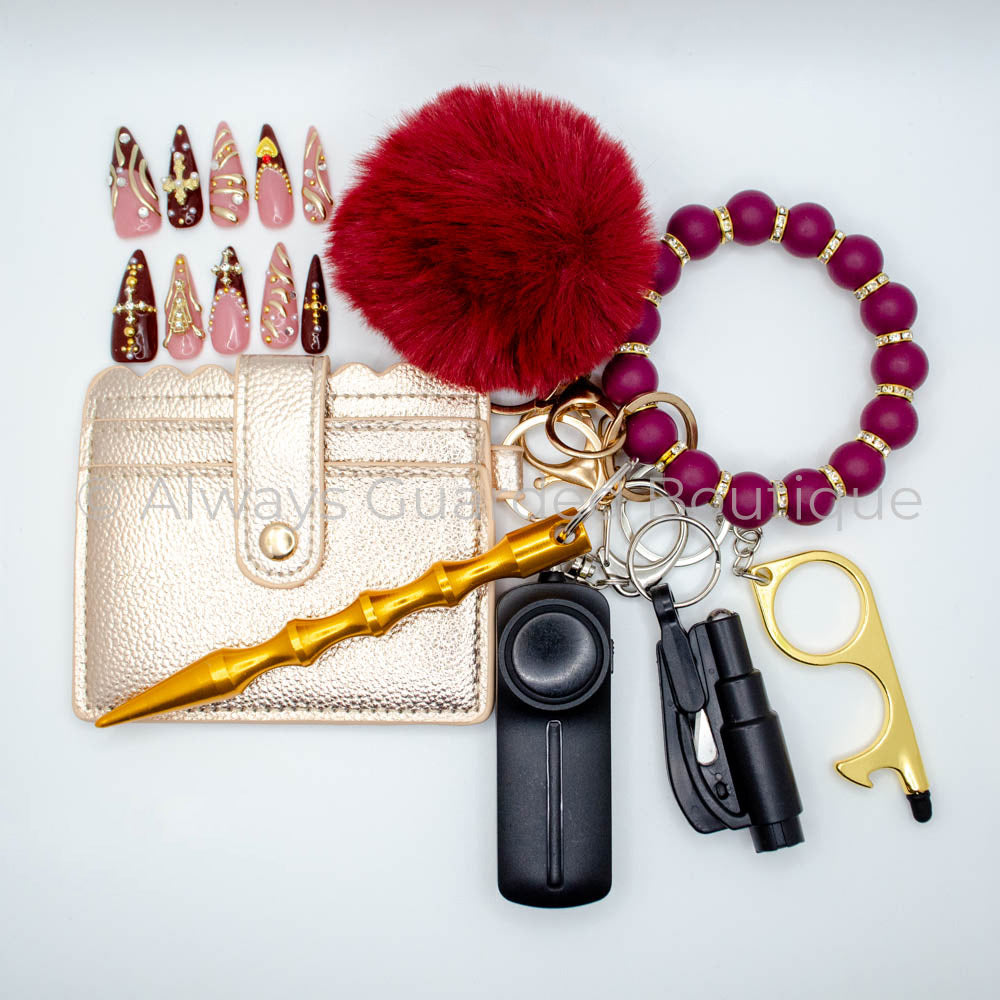 Rosy Sugarplum Safety Keychain with Luxury Handmade Nails without Optional Pepper Spray