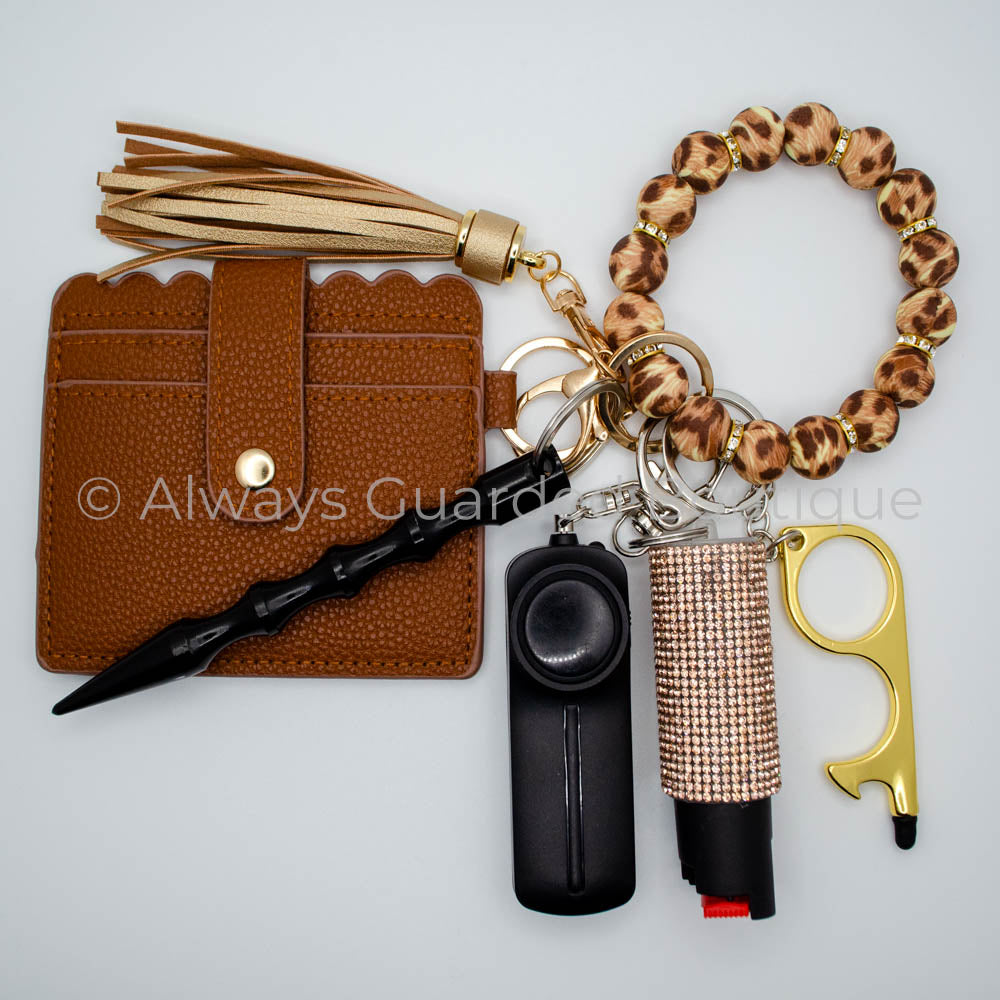Spotted Leopard Safety Keychain with Rhinestone Spacers, with Wallet and Pepper Spray