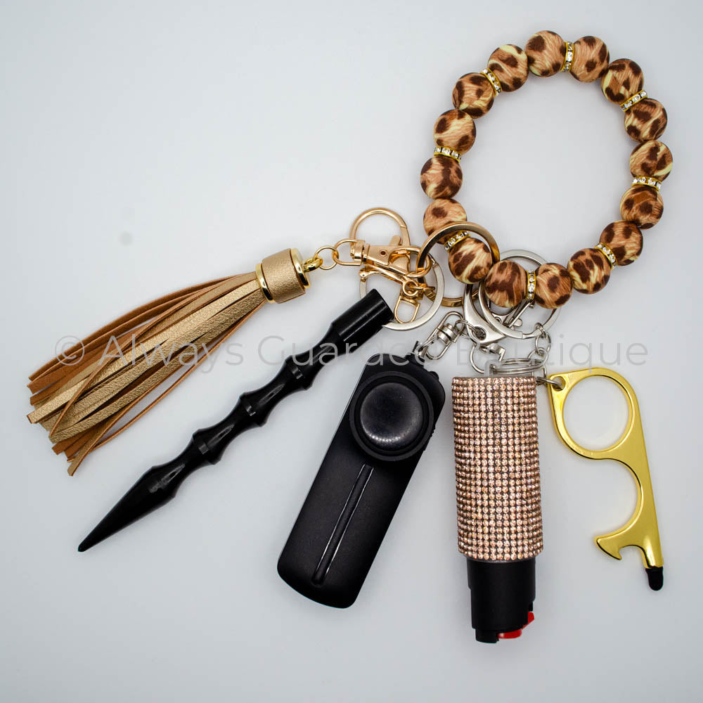 Spotted Leopard Safety Keychain with Rhinestone Spacers with Pepper Spray