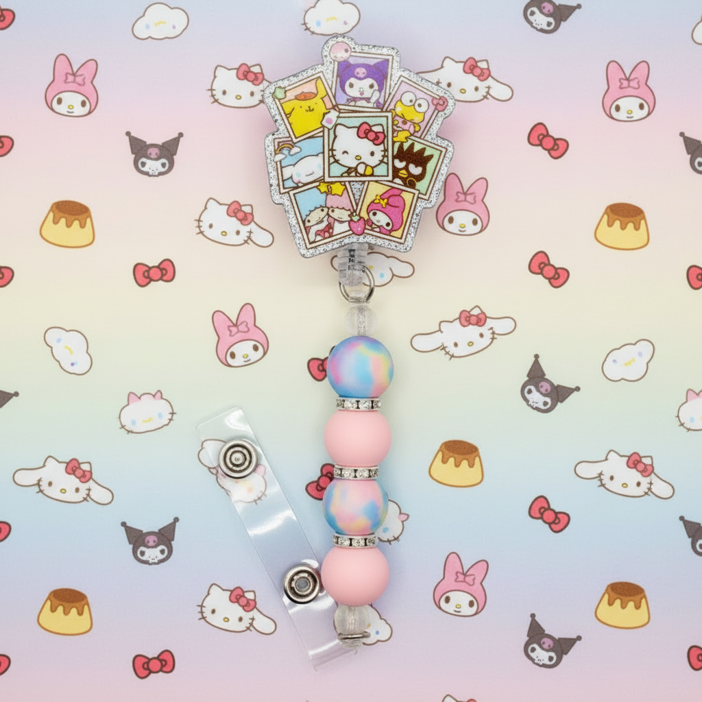Sanrio Collage Badge Reel | Cute Kawaii Retractable Nurse ID Holder for Work