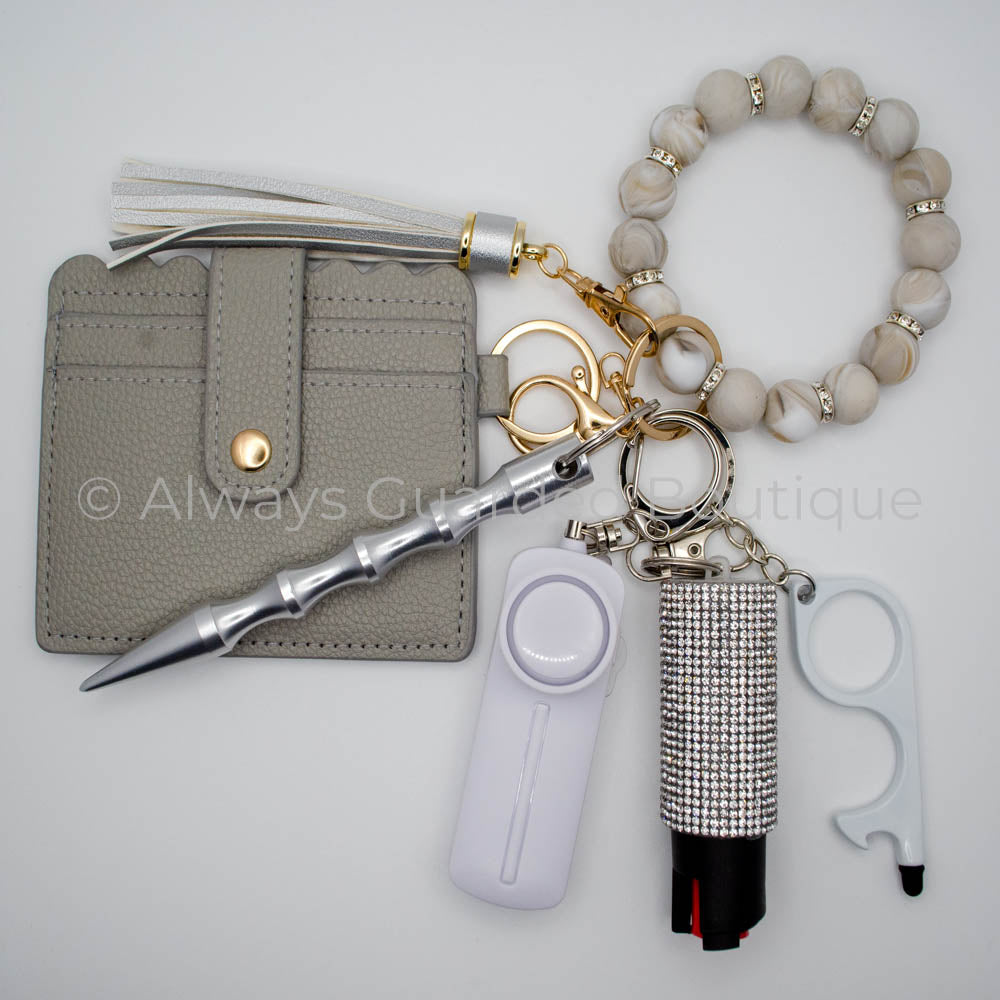 Shale Marble Elegance Safety Keychain with Clear Rhinestone Spacers and Optional Wallet and Pepper Spray