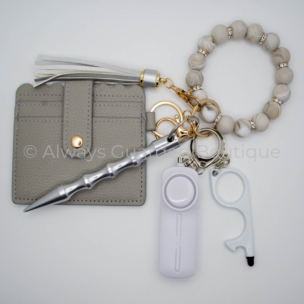 Shale Marble Elegance Safety Keychain with Clear Rhinestone Spacers and Optional Wallet