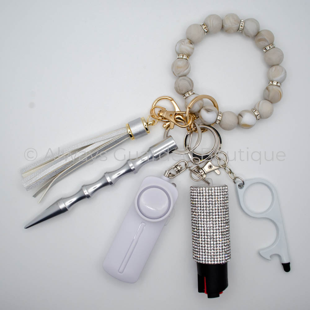 Shale Marble Elegance Safety Keychain with Clear Rhinestone Spacers and Optional Pepper Spray