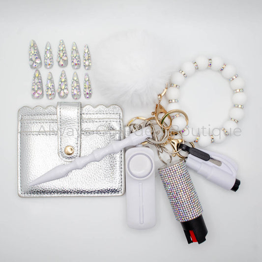 Winter Holographic Safety Keychain with Handmade Luxury Nails and Optional Pepper Spray