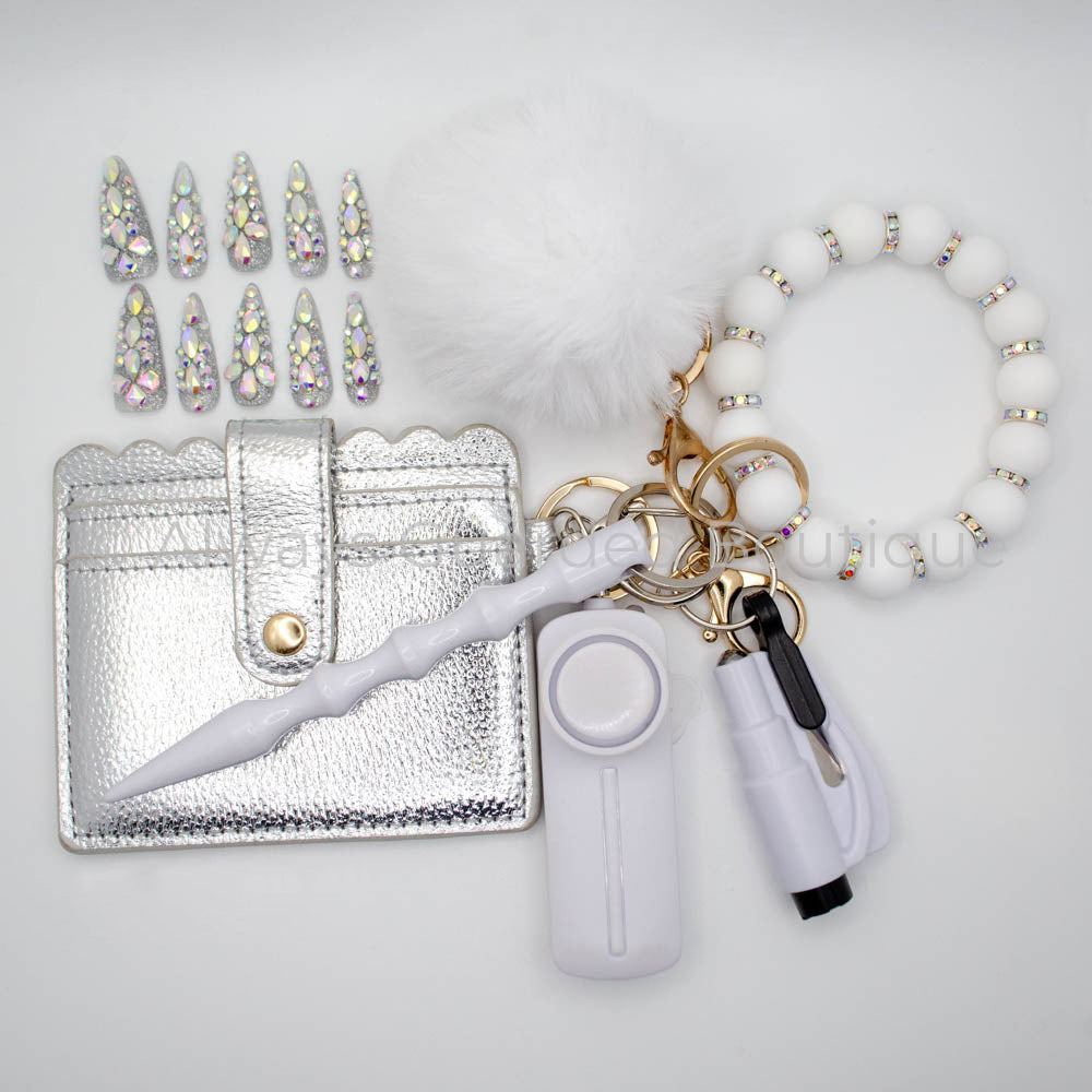 Winter Holographic Safety Keychain with Handmade Luxury Nails and without Pepper Spray